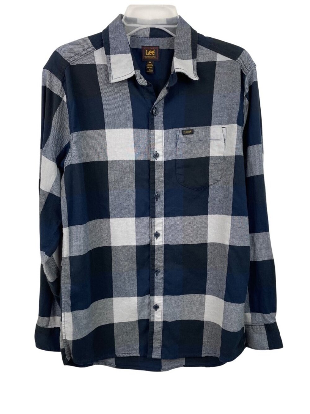 Lee Mens Plaid Button-Down Long-Sleeve Shirt Navy & White Size Medium